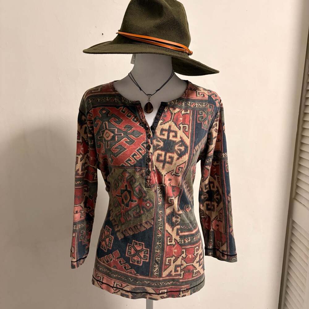 Lauren Ralph Lauren Southwestern Print Henley Shirt 3/4 Sleeve XL Aztec Bohemian